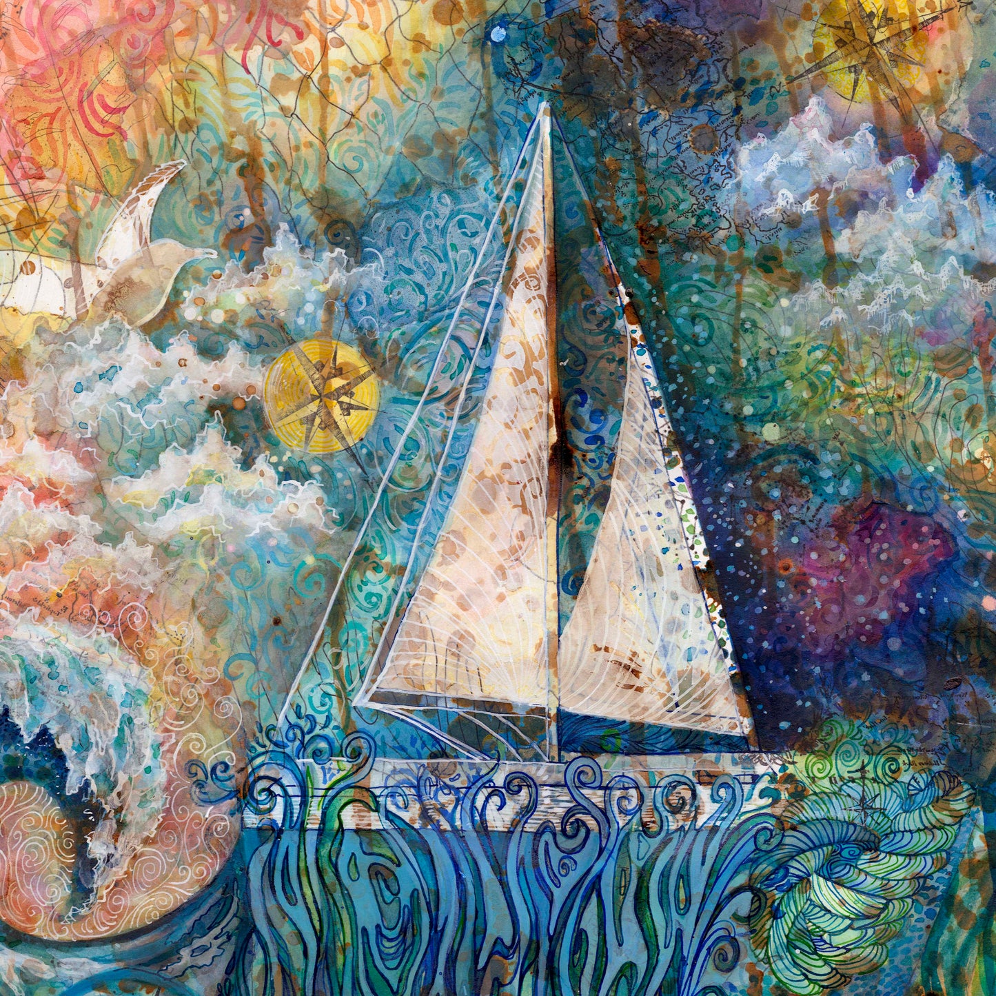 Dreaming at Sea | Sailing Ship Watercolor Art Print for Beach House