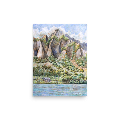 Hawaiian Landscape Watercolor Painting – Tropical Ocean View with Mountains, Trees & Cottage Wall Art