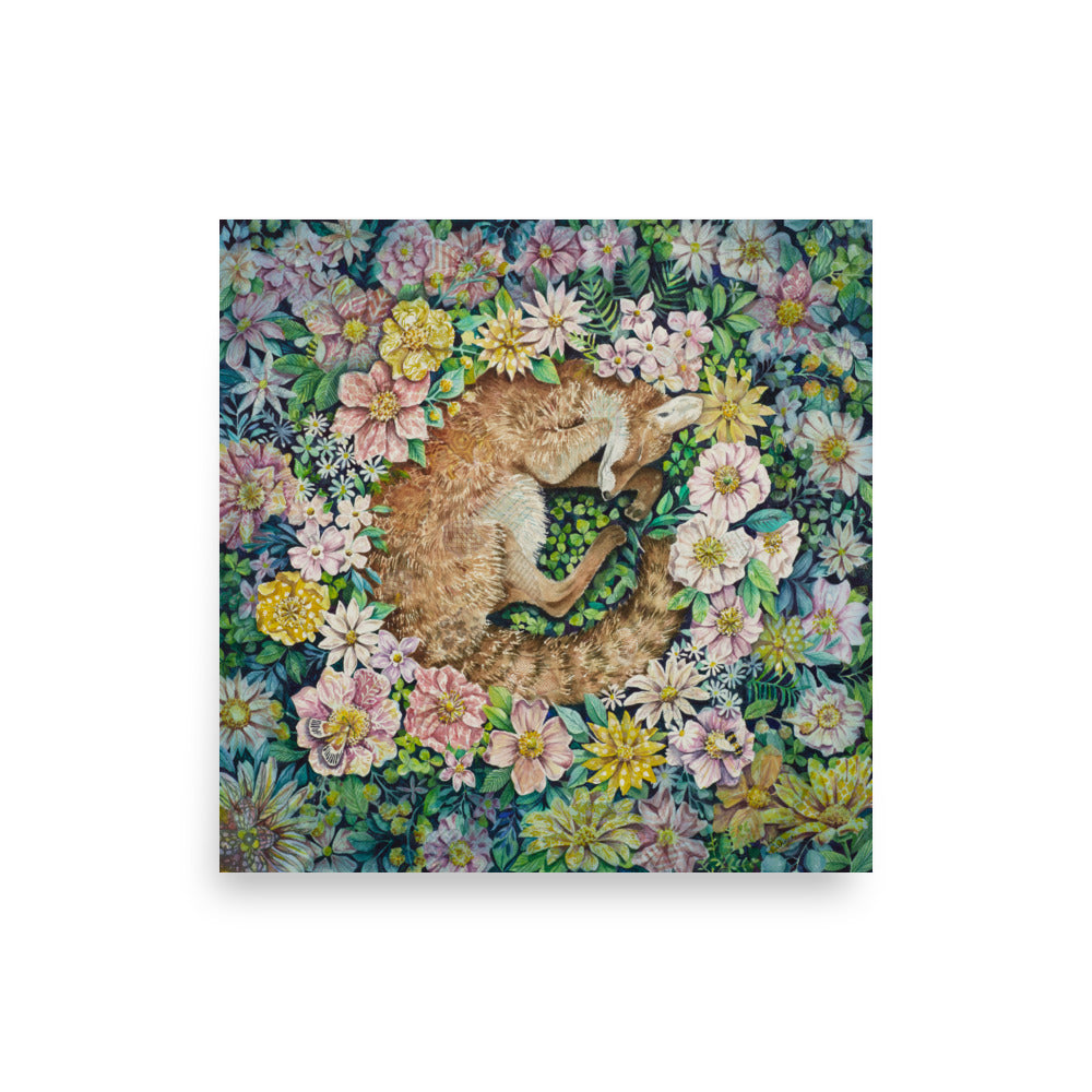 Square art print of a sleeping fox nestled in colorful flowers; whimsical nursery wall art featuring animal illustration for kids’ rooms or baby decor.