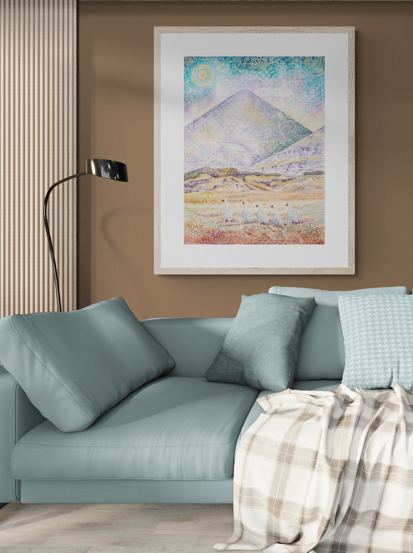 A framed home décor art print featuring a serene painting of trumpeter swans in an Icelandic landscape, with calm purple, gold, and tan tones creating a soft and peaceful atmosphere.