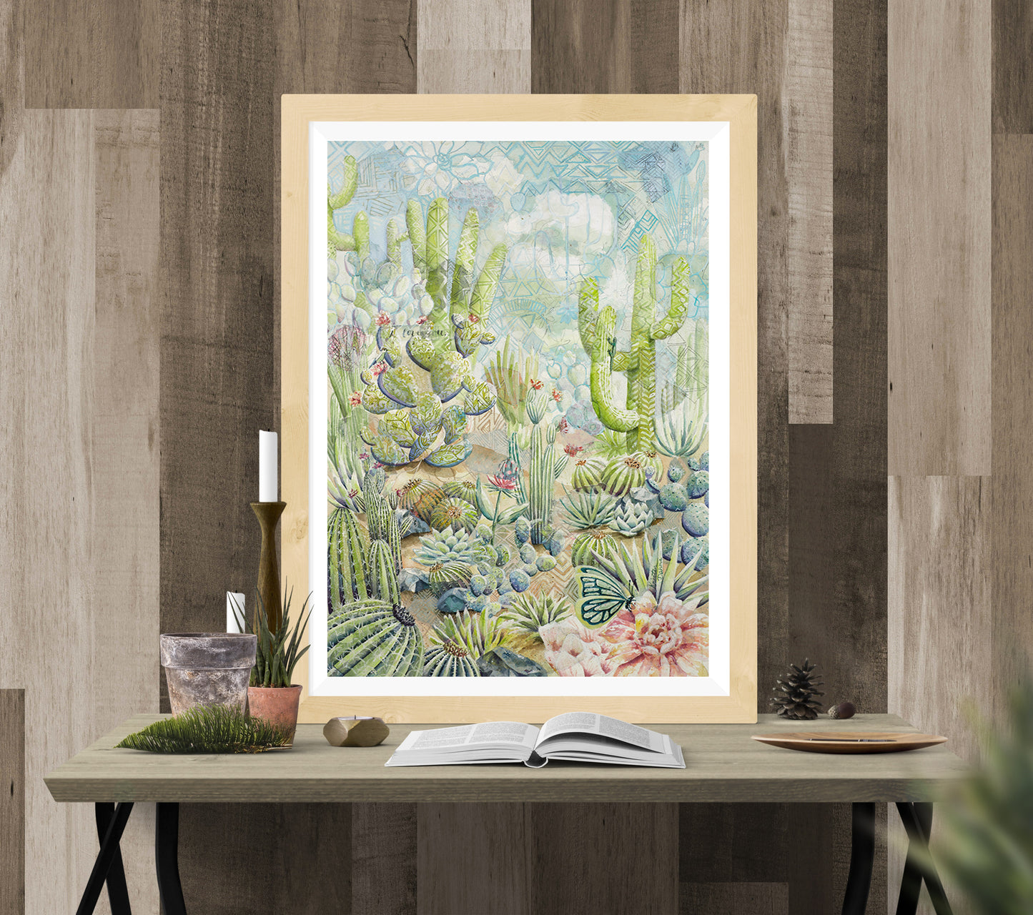 "Pastel desert landscape wall art print featuring intricate plants, a hidden camouflaged lizard, and a subtle ‘I love you’ message, available framed or unframed for Southwestern and nature-inspired home decor."