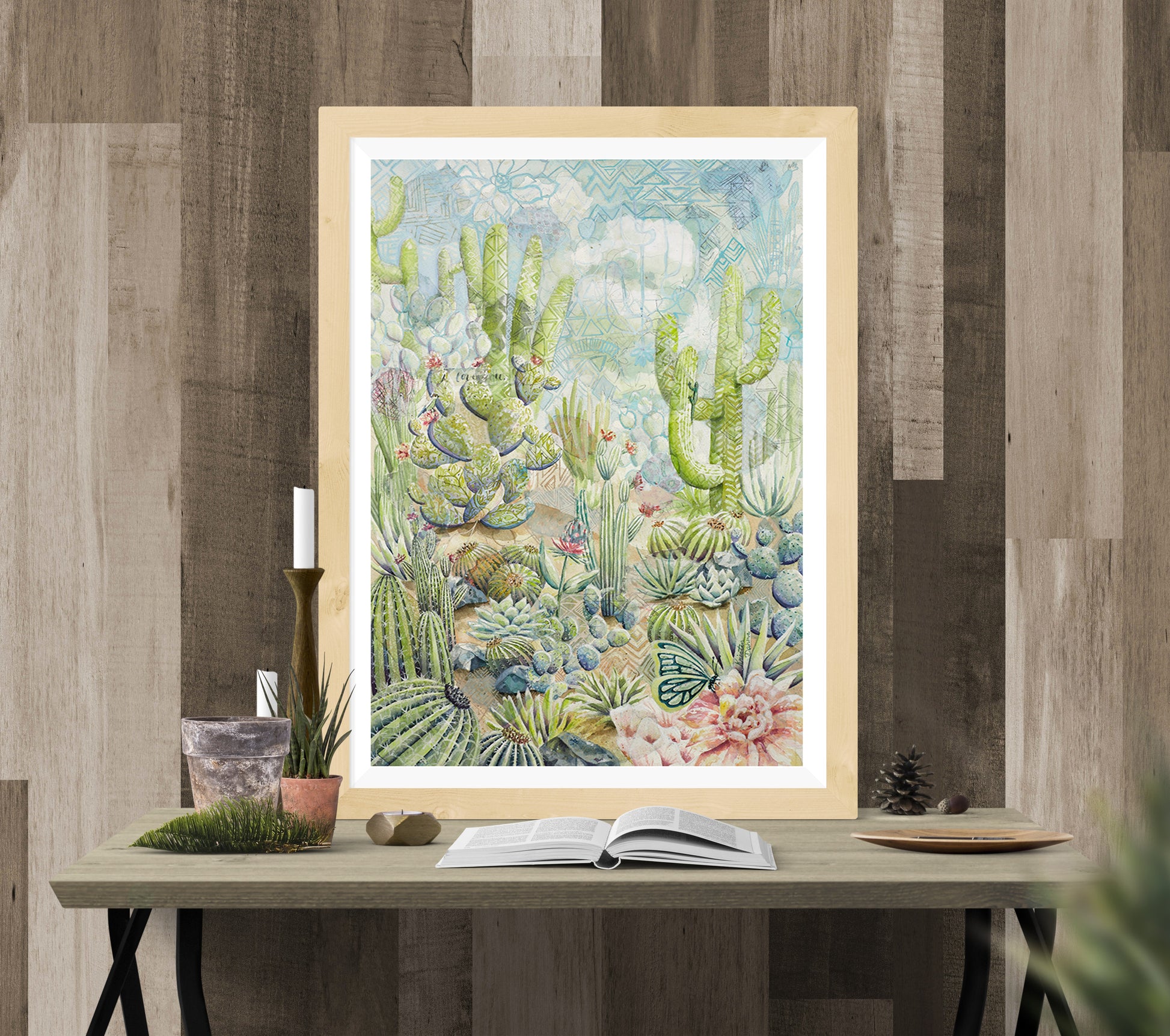 "Pastel desert landscape wall art print featuring intricate plants, a hidden camouflaged lizard, and a subtle ‘I love you’ message, available framed or unframed for Southwestern and nature-inspired home decor."