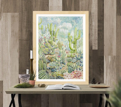 "Pastel desert landscape wall art print featuring intricate plants, a hidden camouflaged lizard, and a subtle ‘I love you’ message, available framed or unframed for Southwestern and nature-inspired home decor."