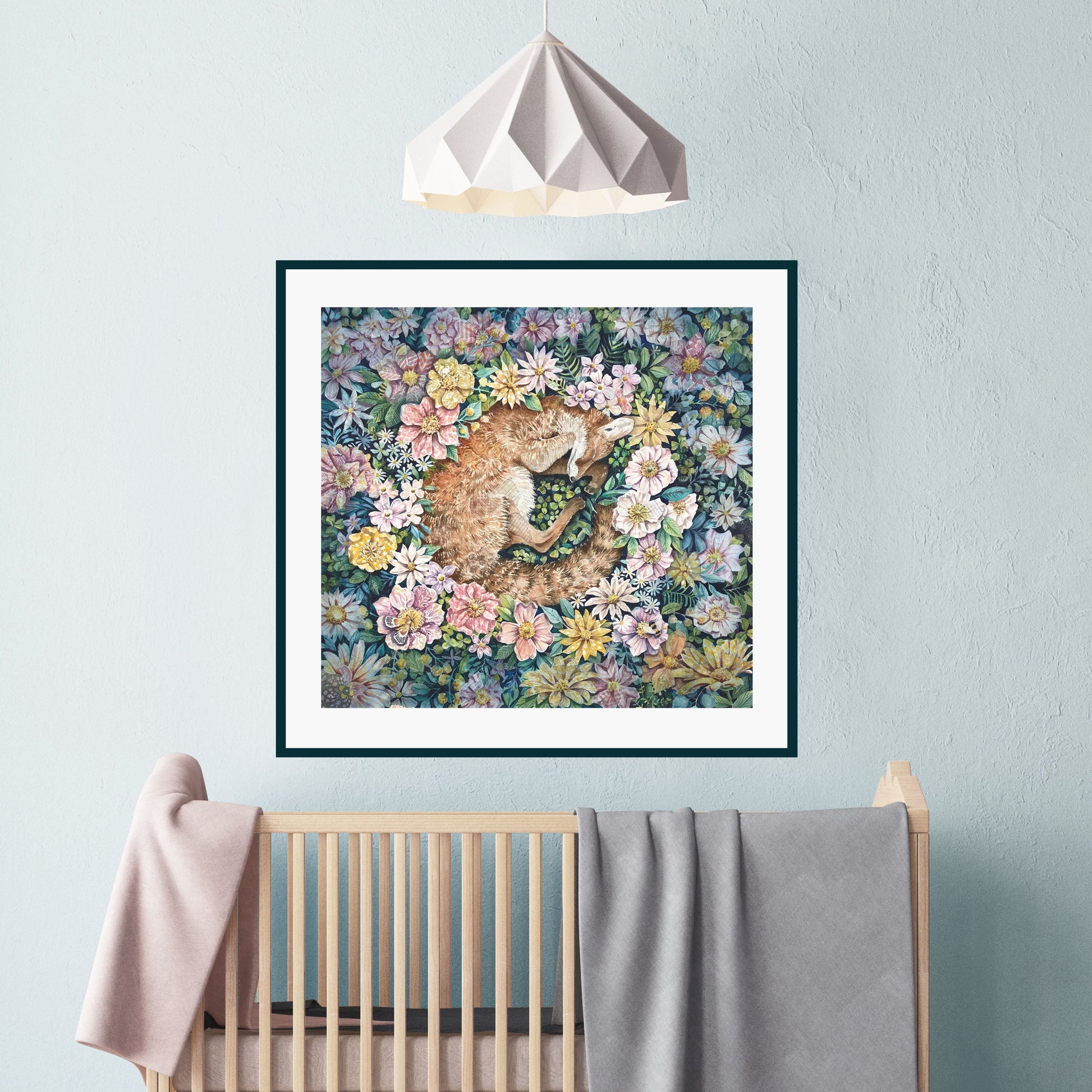   Square art print of a sleeping fox nestled in colorful flowers; whimsical nursery wall art featuring animal illustration for kids’ rooms or baby decor.