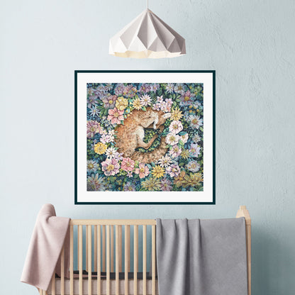   Square art print of a sleeping fox nestled in colorful flowers; whimsical nursery wall art featuring animal illustration for kids’ rooms or baby decor.