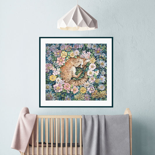   Square art print of a sleeping fox nestled in colorful flowers; whimsical nursery wall art featuring animal illustration for kids’ rooms or baby decor.